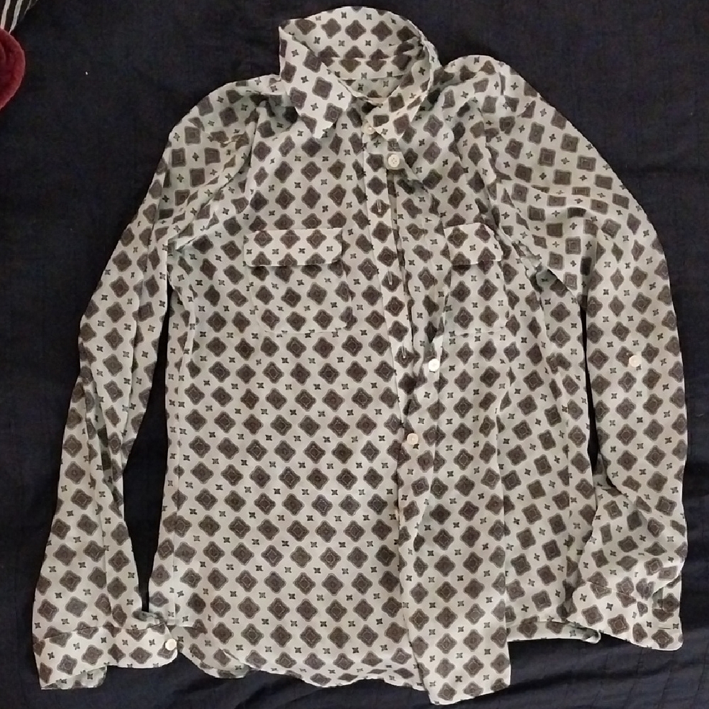 Patterned Sheer Button-Up Blouse